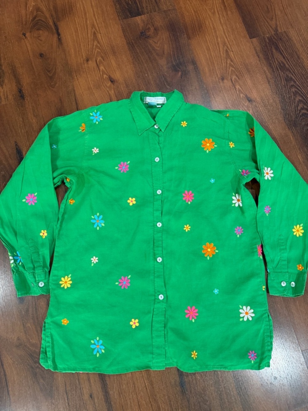Vintage 90s ‘Casey Coleman’ Women’s Embroidered Floral Print Green Button Up M